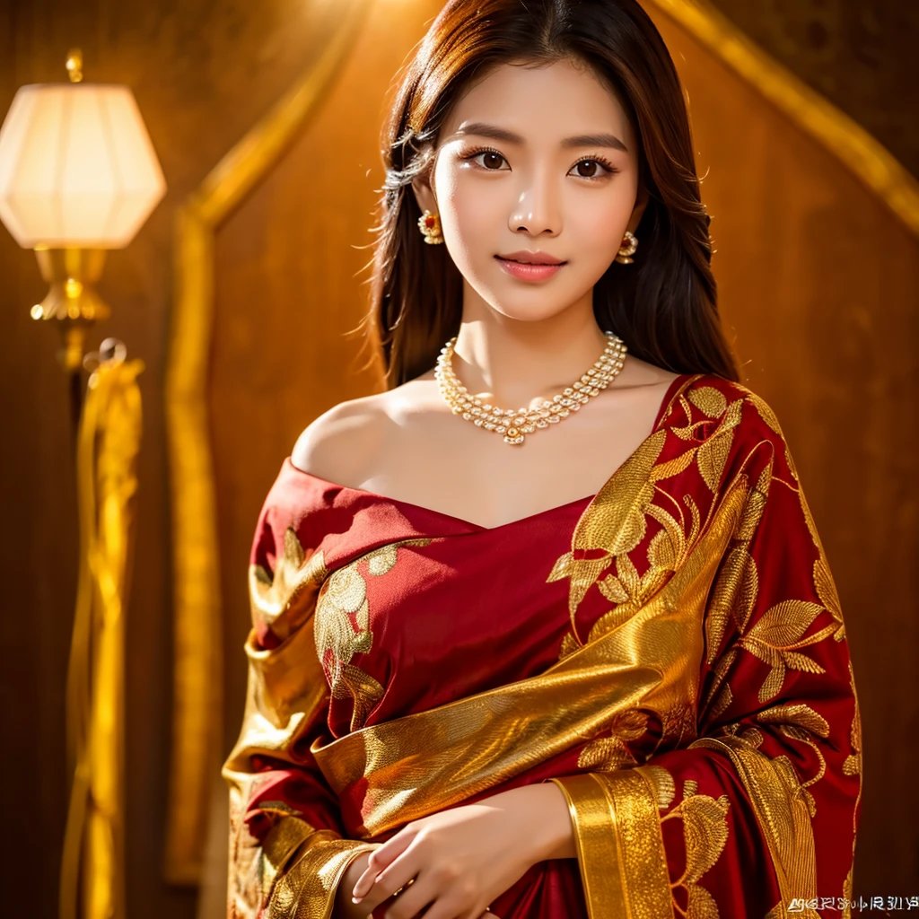 (best quality,4k,8k,highres,masterpiece:1.2), MMTD Red BURMESE PATTERNED TRADITIONAL DRESS , WEAR PEARL NECKLACES AND GOLD BRACELETS,FULL BODY DETAILS BEAUTY, photo-realistic, realistic, ultra-detailed, studio light, posing for photo shoot, full body photoshoot, perfect body, perfect hands, big bust, big hip, fullbody.