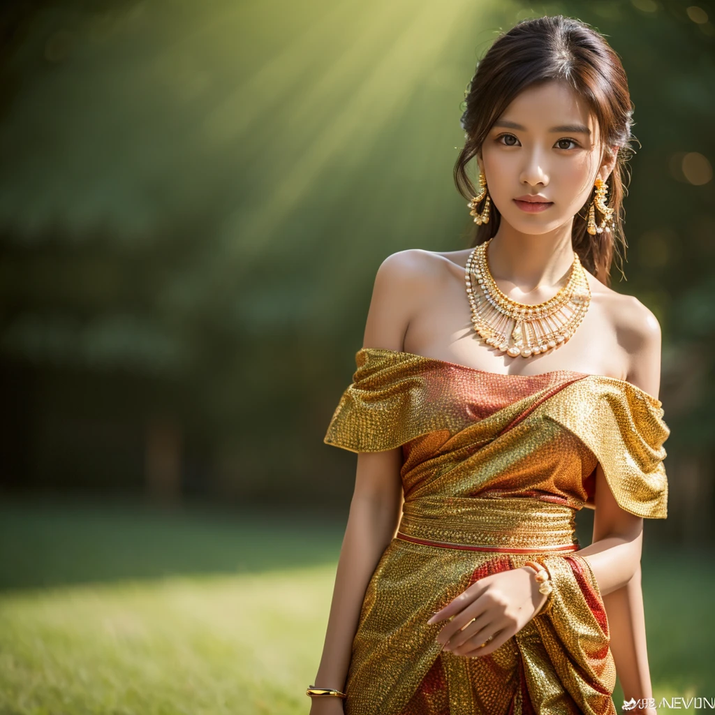 (best quality,4k,8k,highres,masterpiece:1.2), MMTD Red BURMESE PATTERNED TRADITIONAL DRESS , WEAR PEARL NECKLACES AND GOLD BRACELETS,FULL BODY DETAILS BEAUTY, photo-realistic, realistic, ultra-detailed, studio light, posing for photo shoot,  full body photoshoot, perfect body, perfect hands, big bust, big hip, fullbody.