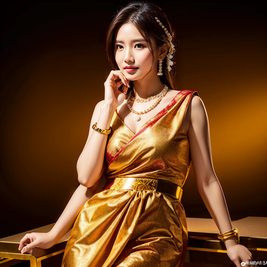 (best quality,4k,8k,highres,masterpiece:1.2), MMTD Red BURMESE PATTERNED TRADITIONAL DRESS , WEAR PEARL NECKLACES AND GOLD BRACELETS,FULL BODY DETAILS BEAUTY, photo-realistic, realistic, ultra-detailed, studio light, posing for photo shoot,  full body photoshoot, perfect body, perfect hands, big bust, big hip, fullbody.