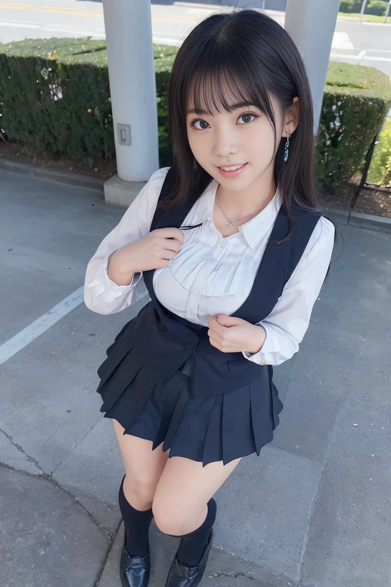 Mix 4, (16K, Raw photo, Best image quality, masterpiece: 1.45), (Realistic, Photorealistic: 1.37), One Girl, cute, Professional Lighting, Photon Mapping, bedroom, Physically Based Rendering, Dark brown hair,Ponytail hairstyle, Handsome, Beautiful, well-groomed eyes、double eyelid、With a girl, (((Uniform Blazer、A short-sleeved shirt worn by Japanese high school girls、Checkered mini skirt,、Dark blue socks、Black Loafers))), Highest quality photos, High resolution, 1080P, (Clear Face), (Detailed face description), (Detailed hand description), (masterpiece), (Exquisite CGI)、Extreme light and shadow、Disheveled Hair、masterpiece、Rich details、(Beautiful Faces)、(Highest quality photoasseter muscle area)、(Detailed eyes)、Look in front of you、Thin clavicle、((Slim and large))、(((Japan wears long sleeve shirts)))、((Pure Idol))、((Schoolyard、Entrance to the school building、In front of the school gate))、(Shot from random perspectives)、(((とにかくcute)))、Earrings、Big smile、Drawing the whole body from the knees、No nasolabial folds、(Large firm breasts:1.2)、Firm big ass、Two arms and two legs、(((from the front:0.4)))、bare hands、Symmetrical eyes、