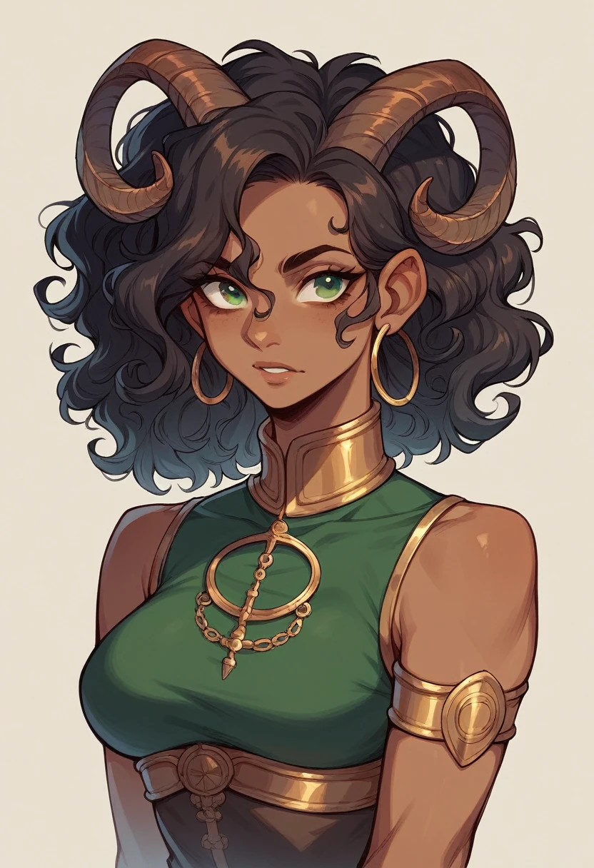 in d&D art creates a woman , she is a warrior, She has tanned skin, greeneyes, long dark curly hair,of ox horns, hoop earings. The background is a dungeon