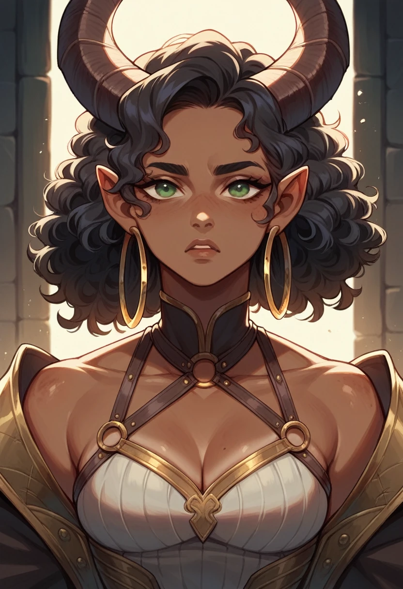 in d&D art creates a woman , she is a warrior, She has tanned skin, greeneyes, long dark curly hair,of ox horns, hoop earings. The background is a dungeon