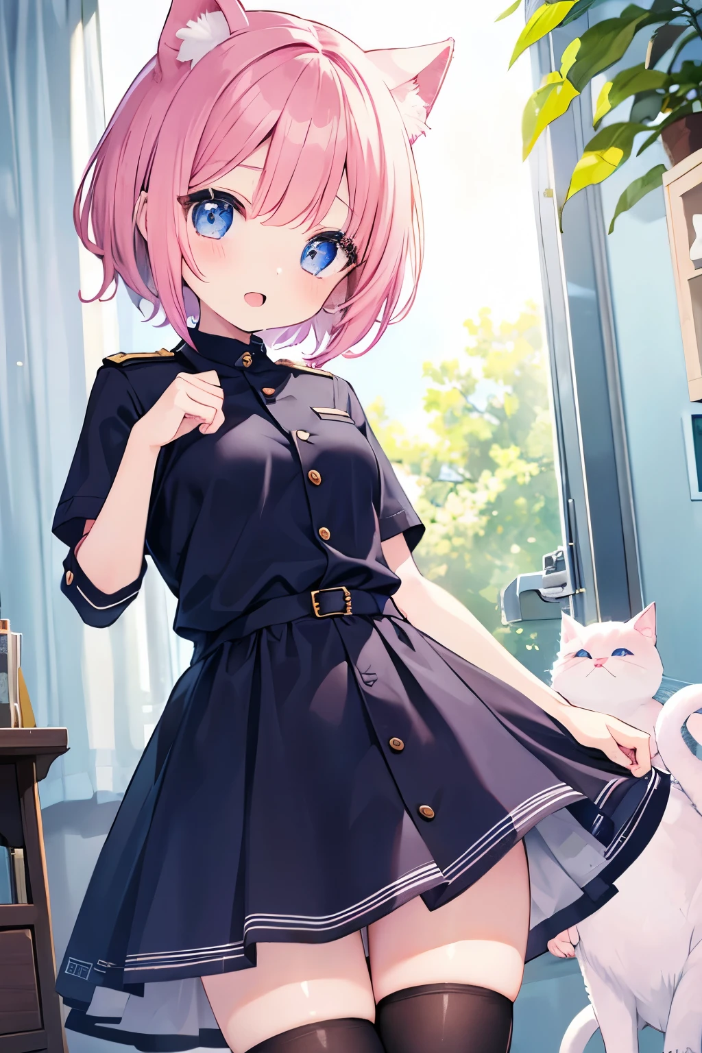 Navy uniform、Elementary school girl、Pink Short Hair、7-year-old girl,Very beautiful and Shining Eyes、Shining Eyes、1 girl、Small breasts、Big Mouth、Large Breasts、Cat ear
