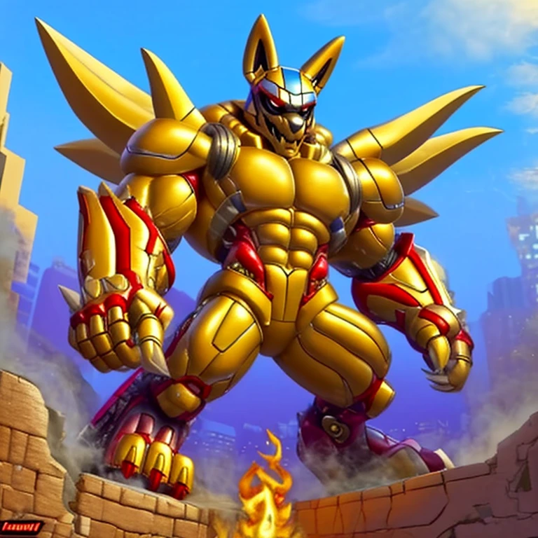 (masterpiece. official art. 8k. best quality. detailed full body. full body.)
(situation 1 : dominating Shiny_Mega_Lucario. Shiny_Mega_Lucario is over 1000 meters long. focus GIANT mechanical Muscular Shiny_Mega_Lucario is trampling the city. Looking down. macro. stomp. Low-angle perspective. emphasizing the immense size.)
(situation 2 :smoke and flames rising from the destruction in the city)
(Additional details 1: BlackKnight_fe. Armor. Cape. Helmet.. high-tech bio-mecha armor. real texture material. whole body shines like metal. Wearing cyberpunk mecha. emphasizes the muscles. suit fully made of metal. intricate armor. Robotic suit. suit fully made of metal. cyborg. Powered exoskeleton with the same design as Shiny_Mega_Lucario).
(Additional details 2: Detailed head. Detailed Body. Detailed abs. gigantic muscles. HYPER MUSCLES. Gigachad Muscular. big muscle. pecs. triceps. traps. unusually developed muscular body. body full of huge muscles. showing off muscles. pectorales enormes. Exaggeratedly huge muscles. huge muscles. long legs.).
(Additional details 3: nj5furry, Spread wings. It has wings. black have big wings. The claws are sharp. Sharp teeth.).