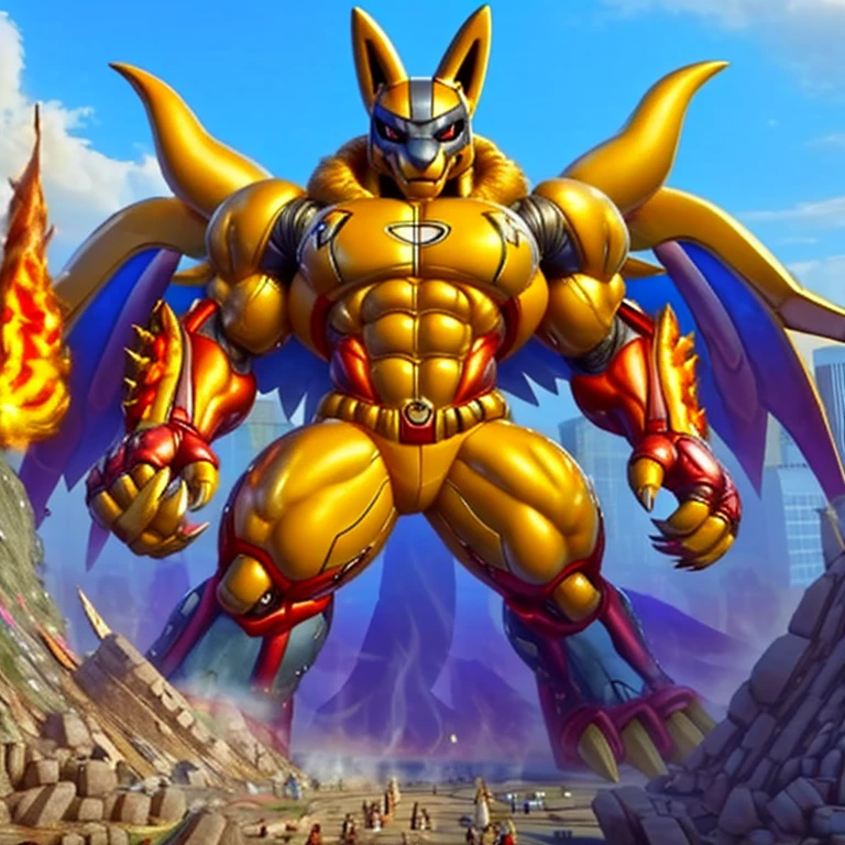 (masterpiece. official art. 8k. best quality. detailed full body. full body.)
(situation 1 : dominating Shiny_Mega_Lucario. Shiny_Mega_Lucario is over 1000 meters long. focus GIANT mechanical Muscular Shiny_Mega_Lucario is trampling the city. Looking down. macro. stomp. Low-angle perspective. emphasizing the immense size.)
(situation 2 :smoke and flames rising from the destruction in the city)
(Additional details 1: BlackKnight_fe. Armor. Cape. Helmet.. high-tech bio-mecha armor. real texture material. whole body shines like metal. Wearing cyberpunk mecha. emphasizes the muscles. suit fully made of metal. intricate armor. Robotic suit. suit fully made of metal. cyborg. Powered exoskeleton with the same design as Shiny_Mega_Lucario).
(Additional details 2: Detailed head. Detailed Body. Detailed abs. gigantic muscles. HYPER MUSCLES. Gigachad Muscular. big muscle. pecs. triceps. traps. unusually developed muscular body. body full of huge muscles. showing off muscles. pectorales enormes. Exaggeratedly huge muscles. huge muscles. long legs.).
(Additional details 3: nj5furry, Spread wings. It has wings. black have big wings. The claws are sharp. Sharp teeth.).