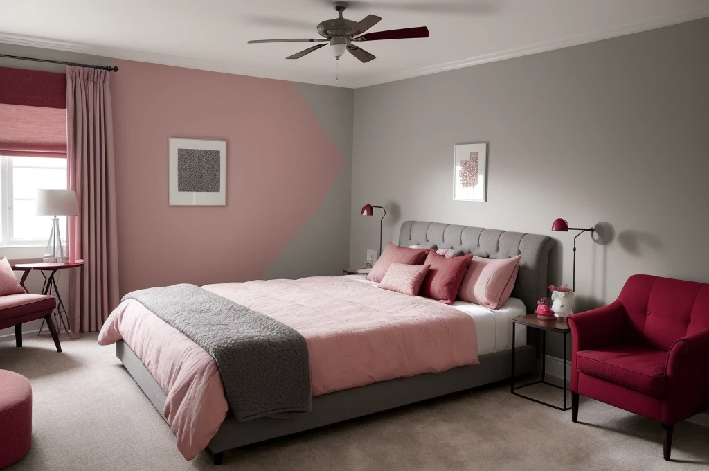 there is a bed with a pink comforter and a chair in a room, soft grey and red natural light, red brown and grey color scheme, furniture and decor, bedroom interior, personal room background, striking artistic concept, dark bedroom, cozy bed, brown and pink color scheme, bedroom background, crimson and grey color scheme, black and red scheme