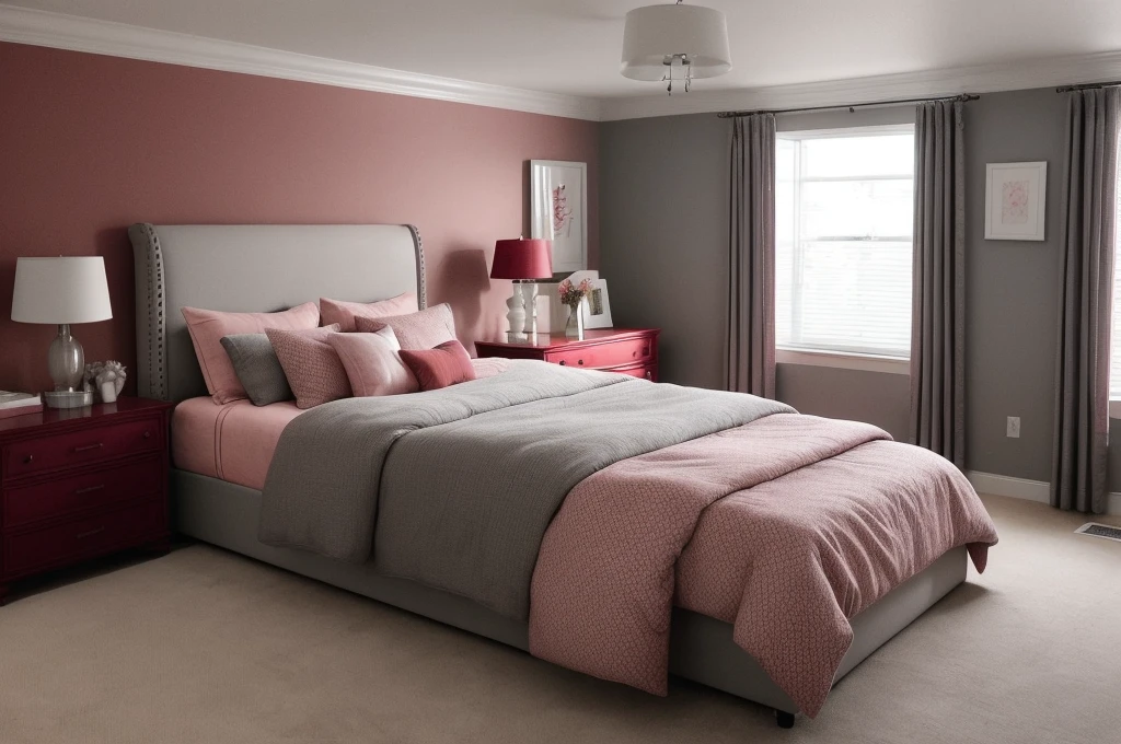 there is a bed with a pink comforter and a chair in a room, soft grey and red natural light, red brown and grey color scheme, furniture and decor, bedroom interior, personal room background, striking artistic concept, dark bedroom, cozy bed, brown and pink color scheme, bedroom background, crimson and grey color scheme, black and red scheme