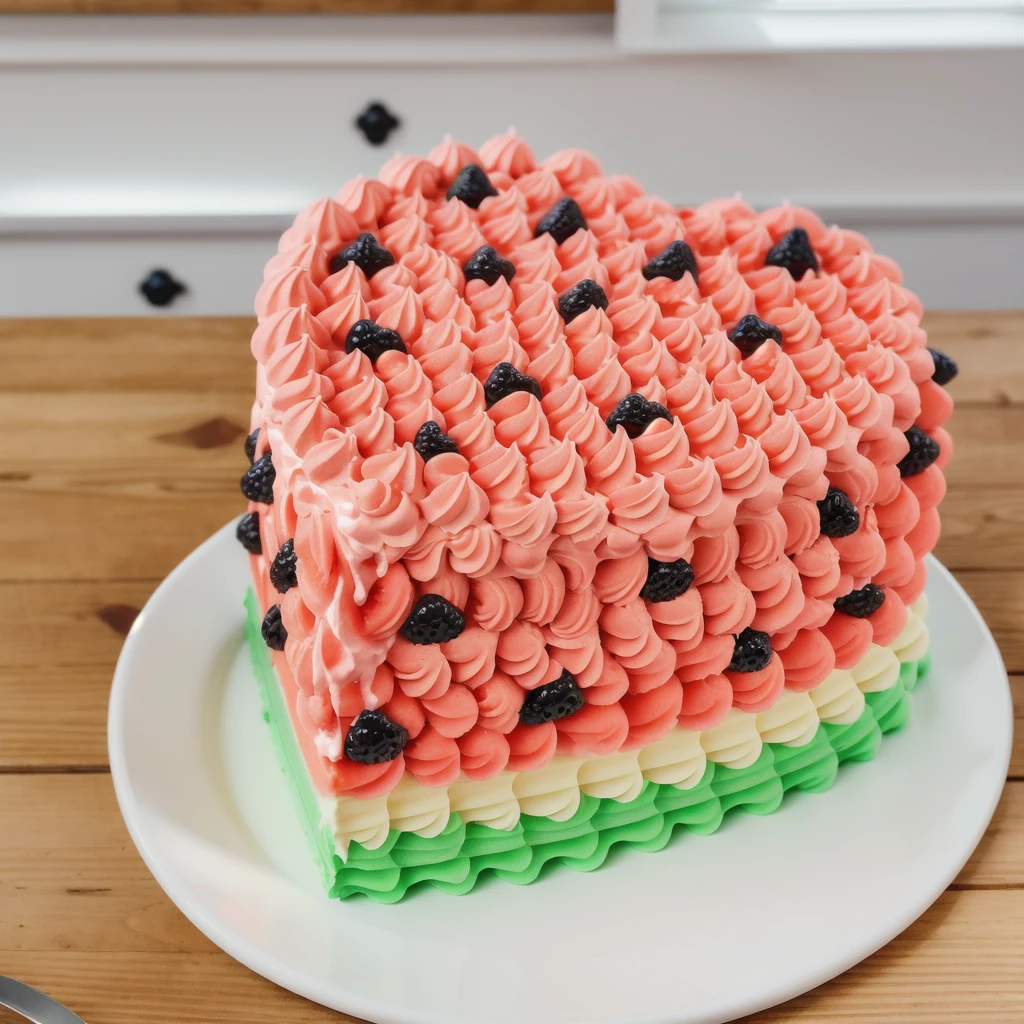 on a black background, a cream cake in the form of a heart, in shape of watermelon, the lower part of the cake is made of green cream whirls, reproduces the texture of a watermelon, a cream layer of fresh, juicy white m'yakotia. The top layer consists of red cream, on top of which watermelon seeds are poured, made of polymer clay, window light, bright lights, soft light, window light, professional lighting, light from the window, neat light, realistic texture, realistic style, detailed texture, high quality, high resolution, high quality rendering, realistic photo, brightning light, macro photo