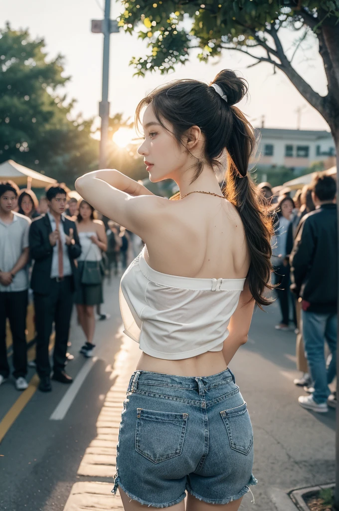 (((best quality))),(((ultra detailed))),(((masterpiece))),illustration,((1 beautiful girl,solo)),((slim,thin)),((shoulder off,strapless,bare back,towering hips,butt crack)), outside school gate, summer twilight, sunlight,(short ponytail:1.3),((white short-sleeved shirt)),((clavicalis,navel)),((navy blue sports shorts,slender legs)),animated face, excited eyes, sounds of laughter, chatter, excitement of summer vacation, air filled with energy, school gate golden glow, symbol of end of academic year, schoolyard transformed, reunion, farewells, embracing setting sun, face illuminated, moment captured, fleeting instant, essence of summer, carefree spirit, youthful exuberance, embodiment of season, sun dips, rosy glow, joy of living,promise of adventures,((standing,from back,upper body)),(surrounded by crowded crowds:1.3)