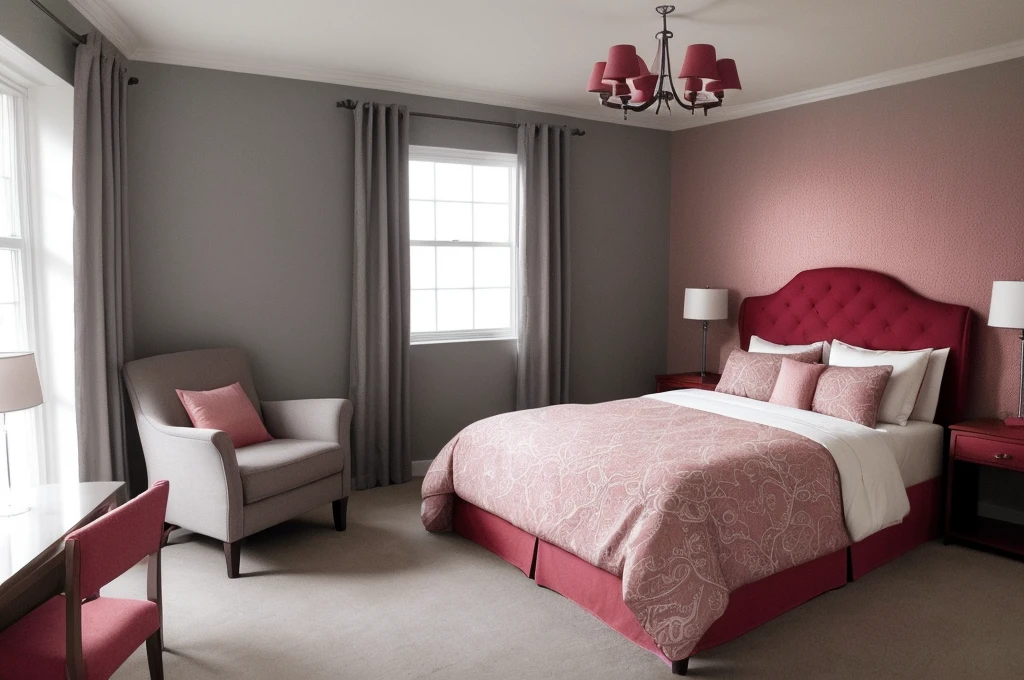 there is a bed with a pink comforter and a chair in a room, soft grey and red natural light, red brown and grey color scheme, furniture and decor, bedroom interior, personal room background, striking artistic concept, dark bedroom, cozy bed, brown and pink color scheme, bedroom background, crimson and grey color scheme, black and red scheme