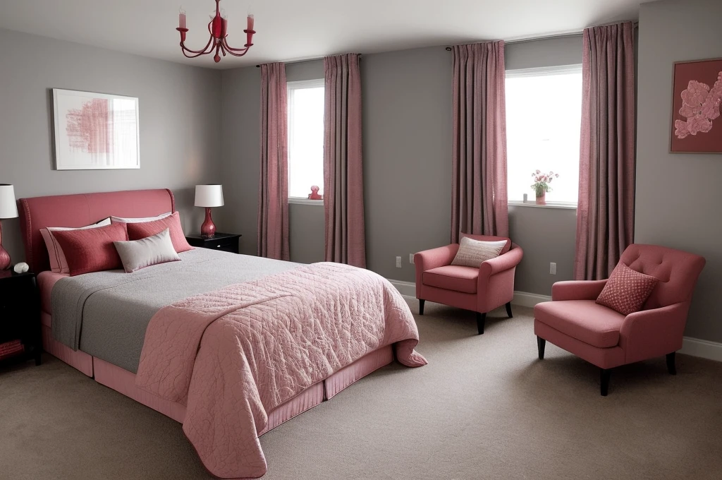 there is a bed with a pink comforter and a chair in a room, soft grey and red natural light, red brown and grey color scheme, furniture and decor, bedroom interior, personal room background, striking artistic concept, dark bedroom, cozy bed, brown and pink color scheme, bedroom background, crimson and grey color scheme, black and red scheme