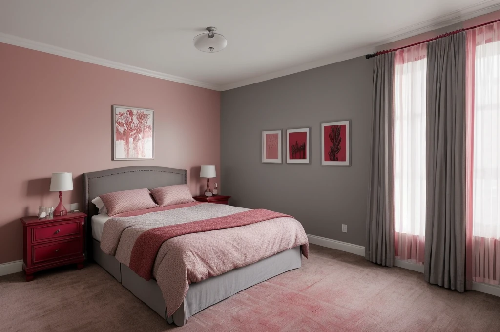 there is a bed with a pink comforter and a chair in a room, soft grey and red natural light, red brown and grey color scheme, furniture and decor, bedroom interior, personal room background, striking artistic concept, dark bedroom, cozy bed, brown and pink color scheme, bedroom background, crimson and grey color scheme, black and red scheme