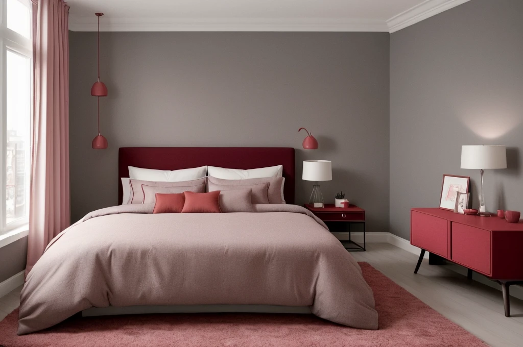 there is a bed with a pink comforter and a chair in a room, soft grey and red natural light, red brown and grey color scheme, furniture and decor, bedroom interior, personal room background, striking artistic concept, dark bedroom, cozy bed, brown and pink color scheme, bedroom background, crimson and grey color scheme, black and red scheme