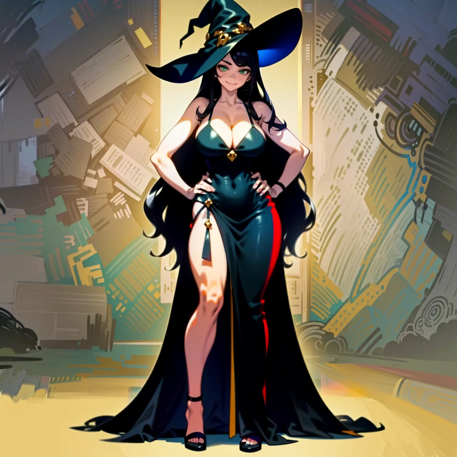 1woman, long wavy black hair, green eyes, huge breast, wide hips, thick thighs, black slip dress, witch hat, smirk, ((hands on hips pose)), ((full body)), ((solo)), ((best quality)), ((masterpiece)), portrait, looking at the camera, from the front, simple background, ((detailed)), ((perfect anatomy)), ((detailed art)), ((high definition)), ((4k)), ((high resolution))