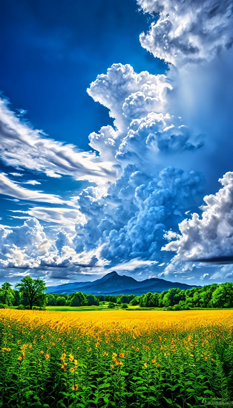 Summer sky (Painterly style), Realistic, highly Realistic, Attention to detail, breathtakingly Realistic, High contrast realism, High Saturation Realism, Vibrant colors, Dramatic lighting, Fascinating landscape, Persuasive storytelling, Atmospheric scene, Captivating visuals, Intricate details, Strong emotions, Heavenly Beauty, A dreamlike world