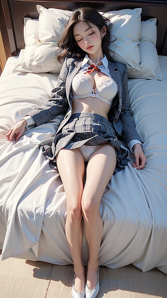 8K、RAW Photos、Highest quality、Super detailed、Super Resolution、Ultra HD、8K壁紙、Amazing details blazer uniform girl ((White blouse with formal collar, Blue Blazer, 
Red Check Skirt, Red checkered ribbon on blouse)), Complete limbs, Full Finger, 
(((A woman is sleeping with her eyes closed)))Brown Hair、(White skin)
(((((Full body photo)))))
((((Panties and bra are visible))))
