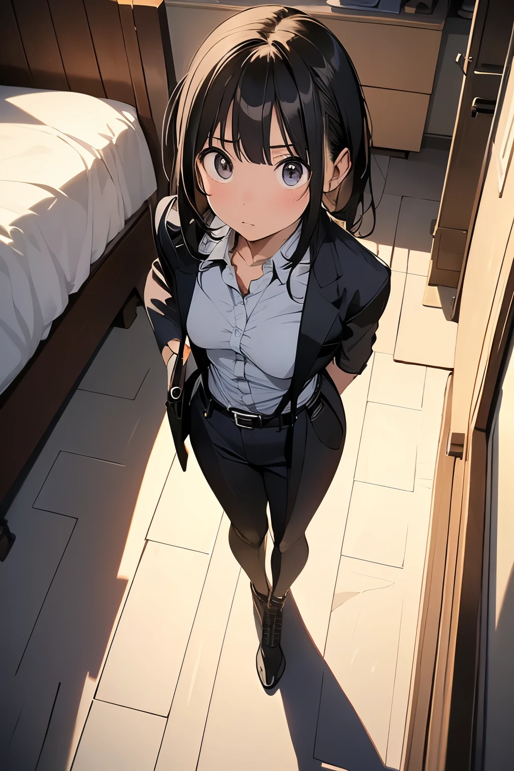 high quality, masterpiece, Ultra-high resolution, (realism: 1.4), Oil painting style, Cinema Lighting, An endless grassland dotted with a few houses, I stood on the empty asphalt road and looked at it., Fairy Mountain々was shrouded in mist, And the suspenders with the cranes flying　　　Moderate breasts　 　 　　　　Small face　 　　　holster　　　　　　　 Lying in bed　Looking up　　　　Sweat 　　　belt　summer　脇Sweat 　Black Hole Gloves　suit　shirt　　Black jacket　 Black trousers　Leg Links　ズボンにbelt　　holster　 　　Hands behind your back　 Anxious expression　Looking up　Anxious face