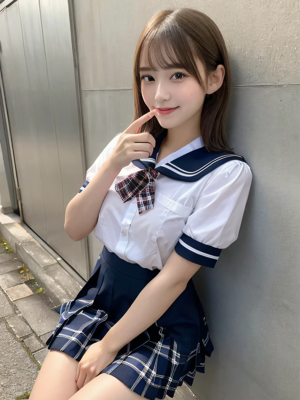 (Highest quality,High resolution,masterpiece:1.3),Tabletop、((Blonde)),Highest quality、figure、 Super detailedな、High resolution、8k wallpaper、Perfect dynamic composition,、Beautiful attention to detail、Natural color lip、Bold sexy pose、smile、15-year-old girl、cute、sexy shot looking at camera、(Highest quality: 1.3), (masterpiece: 1.3), (Super detailed: 1.3), (wallpaper, One Girl: 1.1), (Detailed hands and fingers:1.2)、(Ultra-oily, lustrous skin with attention to detail:1.1)、Oily shiny knee socks、(The perfect school girl uniform:1.3)、Sailor suit、(Beautiful small breasts:1.3)、(Red checkered mini skirt:1.2)、Sit with your legs apart、Blonde、short hair、Beautiful sister、Pink wall
