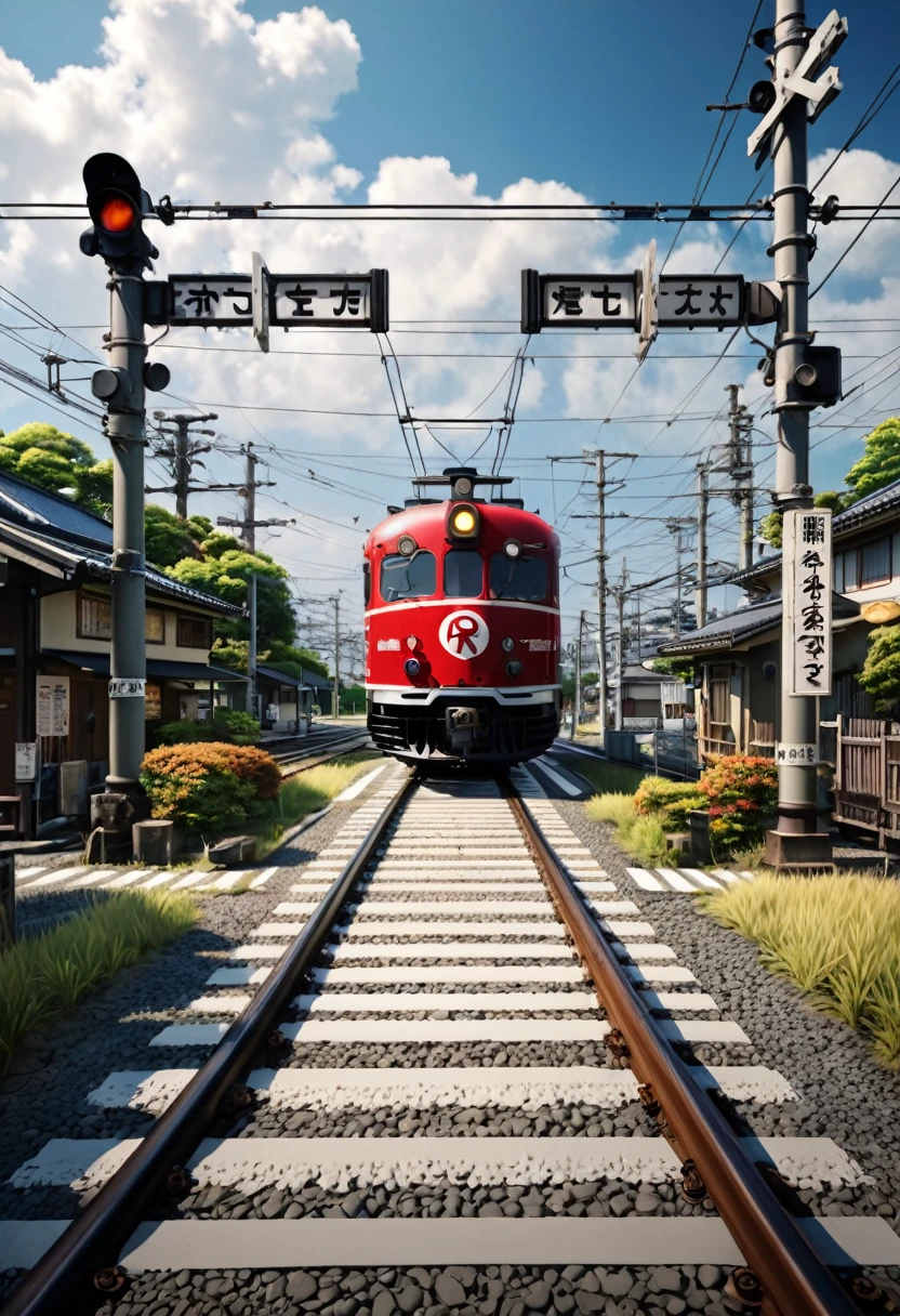 Beautiful nostalgic Japanese railroad crossing. featured on Pixiv, photorealism, highly detailed and intricate digital art, 4K, Ultra HD, RAW photography, highest quality, masterpiece, authentic istic, ultra high resolution, high contrast, photon mapping.
