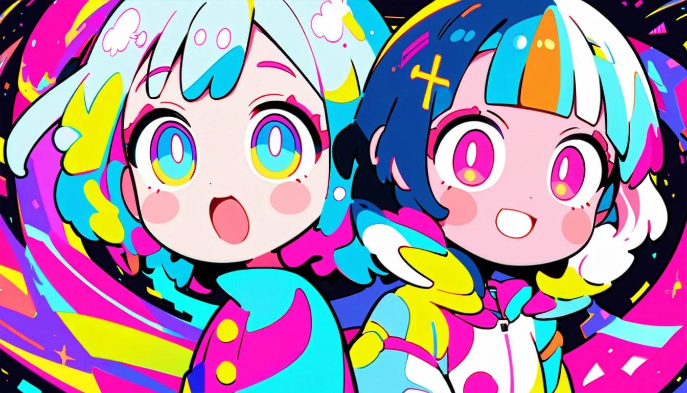 Vibrant art,pop、bright、colorful, 1 female, Light blue hair, short hair、Happy,cute, Animation Style, cute, clearly, colorful cyberpunk, bubblegum pop, cute、Pink and light blue as main colors、I'Cheer loudly、 Wearing headphones、tropical, summer、 Cool atmosphere、