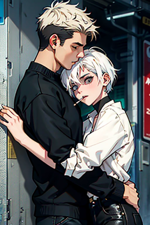 Girl with short white hair small and really skinny, passionately kissing and hugging a guy with short black hair while he holds a cigarette