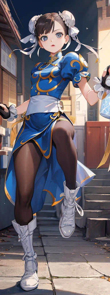 chun-li,((masterpiece)), ((best quality)), ((ultra detailed)), ((kawaii)), cute, (lovely), ((extremely detailed)), ((8K)), (beautiful),flat breast, tiny breast,full body