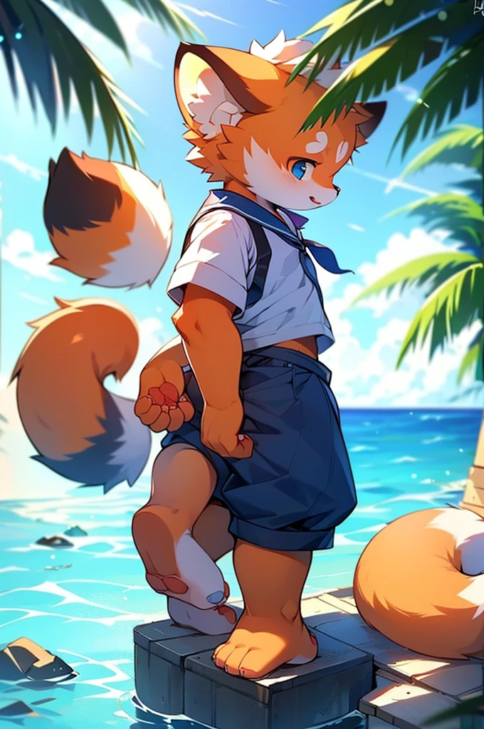 Red Panda Boy,8k resolution,Furry, Ocean,Sailor uniform,Red collar,Two legs,Stand on your feet! towering,lanky,lanky,penis,cum on tongue