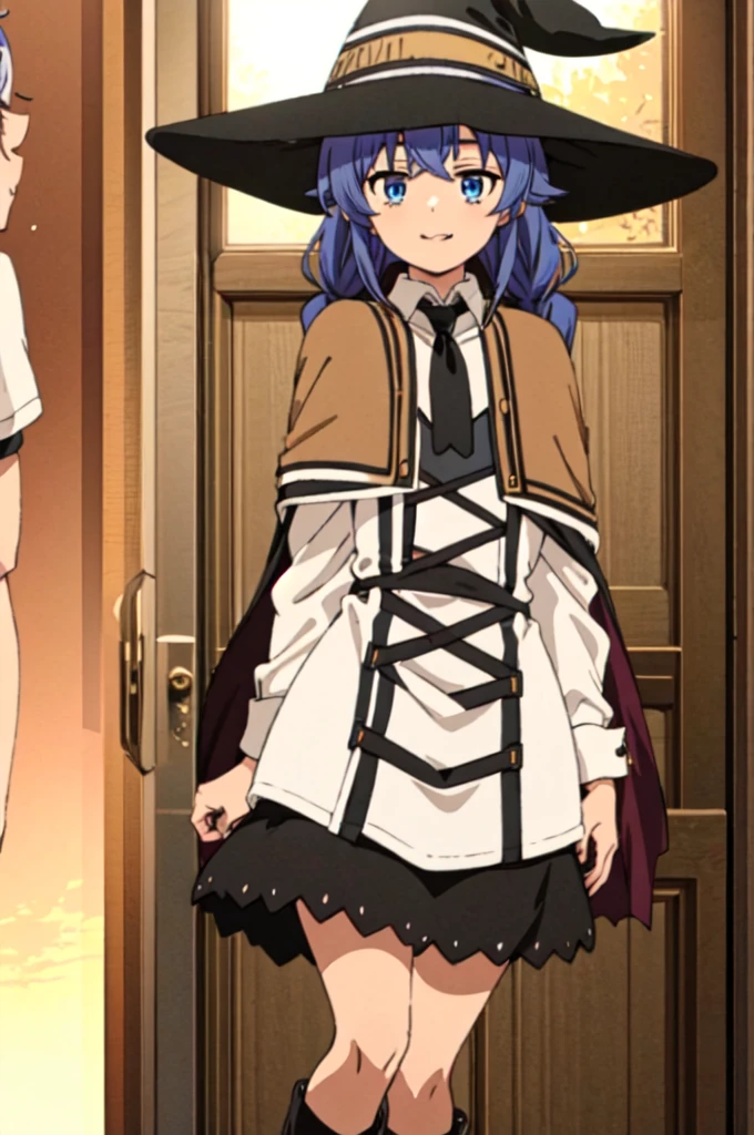 One Girl, roxy migurdia, blue eyes, Blue Hair, Twin Blade, Twin tails, Braided Ponytail, Knee Boots, Good transparency, witch, Black socks, ヘアribbon, ribbon, View your viewers, smile, Mouth closed, sun,, (masterpiece:1.2), High resolution, Highest quality, 8K, Whole body 1 girl, white dress, neck ribbon, black ribbon, black skirt, brown cape, brown dress, neck ribbon, black ribbon, witch hat, black hat, white shirt, collared shirt, Blurred_background