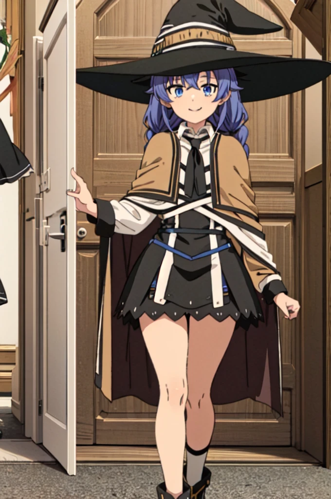 One Girl, roxy migurdia, blue eyes, Blue Hair, Twin Blade, Twin tails, Braided Ponytail, Knee Boots, Good transparency, witch, Black socks, ヘアribbon, ribbon, View your viewers, smile, Mouth closed, sun,, (masterpiece:1.2), High resolution, Highest quality, 8K, Whole body 1 girl, white dress, neck ribbon, black ribbon, black skirt, brown cape, brown dress, neck ribbon, black ribbon, witch hat, black hat, white shirt, collared shirt, Blurred_background