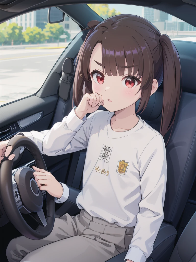 In the car,Convertible,Sitting,((Behind the wheel of a car)),Looking Ahead,driving,1 Girl, 独奏, Red eyes,sunglasses,, Twin tails, brown hair,crawling,((顔 focus)),upper body,White long sleeve shirt,Grey slacks, bangs, eyebrows visible through hair, Flat Chest,