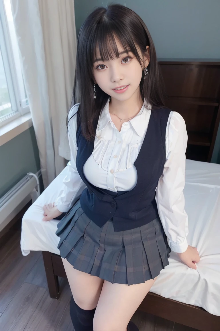 Mix 4, (16K, Raw photo, Best image quality, masterpiece: 1.45), (Realistic, Photorealistic: 1.37), One Girl, cute, Professional Lighting, Photon Mapping, bedroom, Physically Based Rendering, Dark brown hair,Ponytail hairstyle, Handsome, Beautiful, well-groomed eyes、double eyelid、With a girl, (((Uniform Blazer、A short-sleeved shirt worn by Japanese high school girls、Checkered mini skirt,、Dark blue socks、Black Loafers))), Highest quality photos, High resolution, 1080P, (Clear Face), (Detailed face description), (Detailed hand description), (masterpiece), (Exquisite CGI)、Extreme light and shadow、Disheveled Hair、masterpiece、Rich details、(Beautiful Faces)、(Highest quality photoasseter muscle area)、(Detailed eyes)、Look in front of you、Thin clavicle、((Slim and large))、(((Japan wears short-sleeved shirts)))、((Pure Idol))、((明るいbedroom))、(Shot from random perspectives)、(((とにかくcute)))、Earrings、Big smile、Drawing the whole body from the knees、No nasolabial folds、(Large firm breasts:1.2)、Firm big ass、Two arms and two legs、(((from the front:0.4)))、bare hands、Symmetrical eyes、