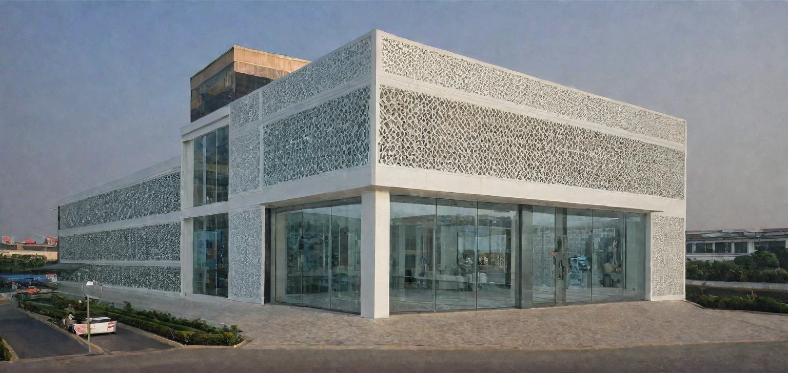 JZCG029, An car showroom is located in the city center, The facade is covered by large CNC panels, Car display area downstairs, office upstairs, (masterpiece:1.3), (best quality:1.3), (high resolution:1.2), (high detail:1.2),
