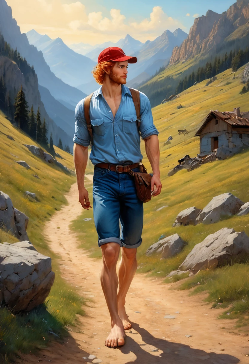 1 man walking on a mountain rural pathway  wearing lumberjack shirt, blue jeans, brown bots, blue indigo back bag, blue cap, smiling , by Aaron Horkey and Jeremy Mann, masterpiece, best quality, Photorealistic, ultra-high resolution, photographic light, illustration by MSchiffer, fairytale, Hyper detailed 
A mixture of photography and painting, Composition of Perfect Divine Proportione, 8k resolution fullbody image,(( view from the front)) full body, oil painting 
A young man, white skin, ginger, barbed, hairy body, thin face, straight nose, thin lips, square chin, large light blue eyes, short red wavy hair, in roberto ferri style, aesthetic slim athletic body, ginger realistic skin, gorgeous, detailed tonned muscles, barefoot, perfect anatomy, muscled fitness body, in caravagio+rubens+rembrant art style. Young man, perfect anatomy, , energetic splendid, Barefoot, naked, small flacid penis, slim and detailed muscles, shirtless, pantless, fullbody, 
 the composition of shadows and lights give an atmosphere of spaciousness,
he is walking on a mountain rural pathway  wearing lumberjack shirt, blue jeans, brown bots, blue indigo back bag, blue cap, smiling natural lighting, 
in the backgrund, moutains, clouds, sunrice a small brown dog
