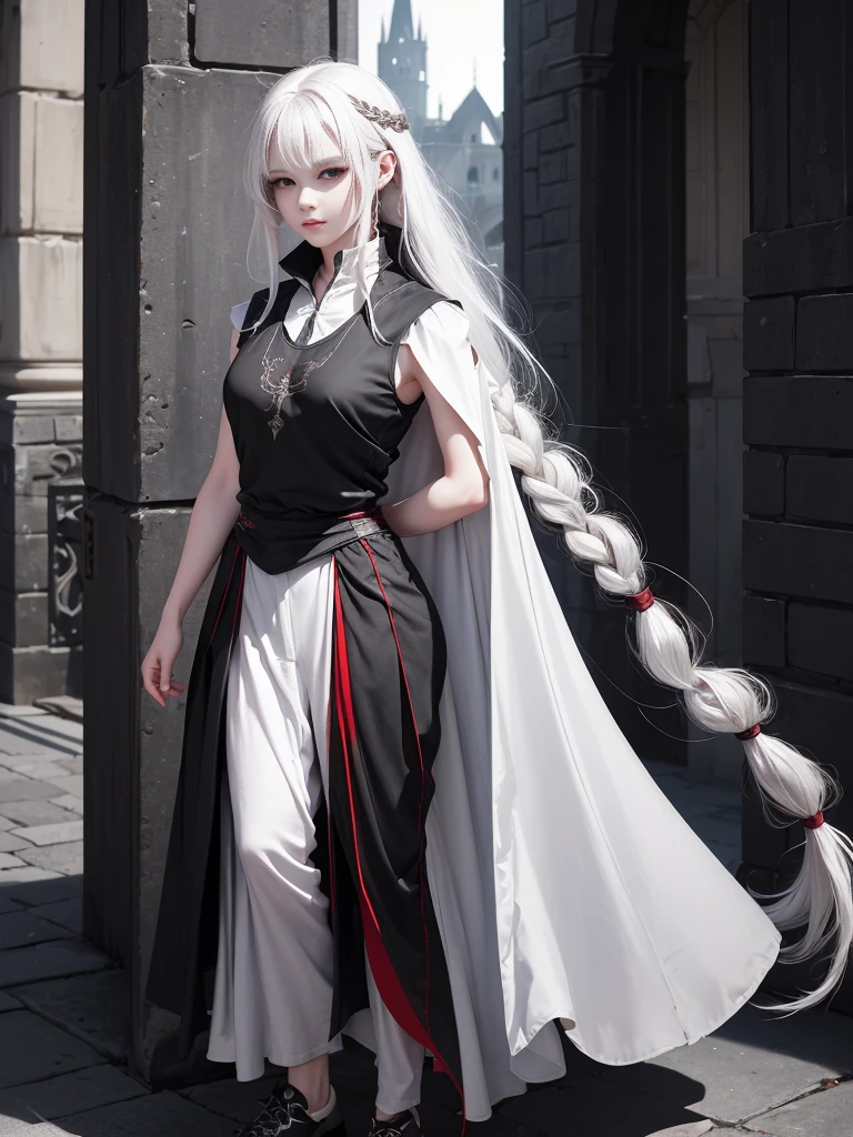 (red eyes), solo, 1girl, young girl, cheerful smirk, shadow on eyes, pale skin, (long white hair with single braid), (messy haircut), ((fantasy medieval clothes), (black sleeveless shirt)), ((light armored clothes)), oversized canvas pants, lightweight shoes, full-body portrait, standing, 