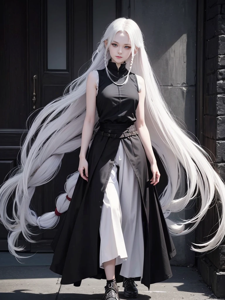 (red eyes), solo, 1girl, young girl, cheerful smirk, shadow on eyes, pale skin, (long white hair with single braid), (messy haircut), ((fantasy medieval clothes), (black sleeveless shirt)), ((light armored clothes)), oversized canvas pants, lightweight shoes, full-body portrait, standing, 