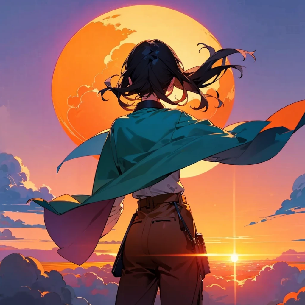 The girl is hovering above the clouds and looking at the setting sun, back view of the back and the sun, Girl looking at the sunset