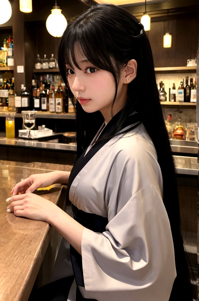 1woman, idol, long hair, black hair, bar counter、Take off your kimono、後ろ姿、20代、