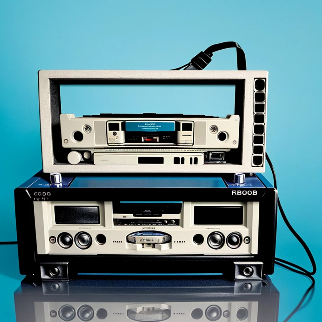 A small bleeding cassette player in the middle of the frame with blue background seen from up and the blood is flowing from the cassette player 