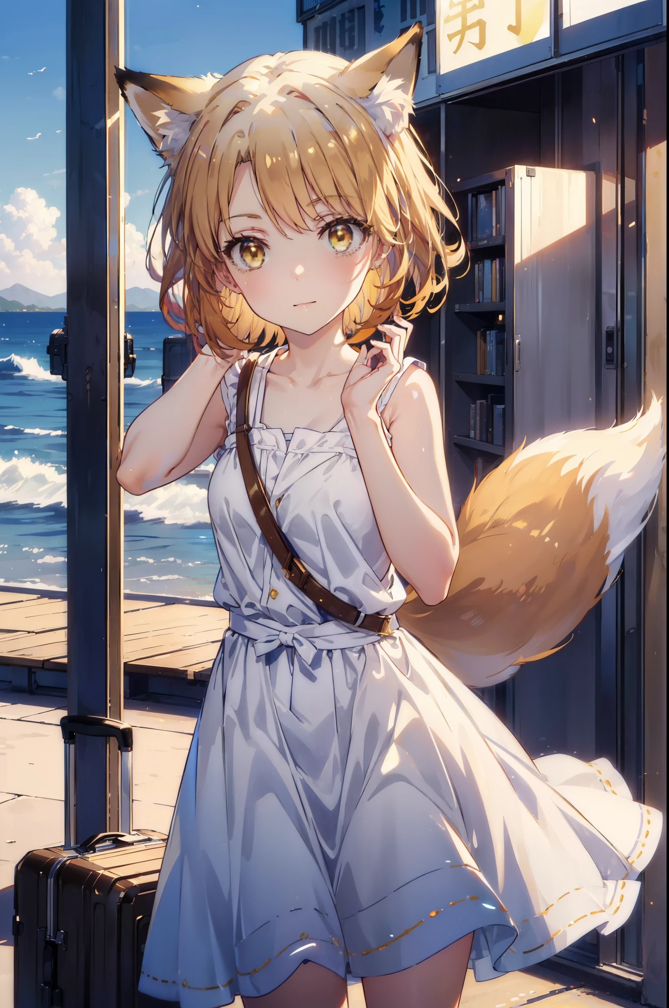 Irohaisshiki, isshiki iroha,Short Hair, Brown Hair, (Brown eyes:1.5), happy smile, smile, Open your mouth,animal(Fox Ears,Fox tail),Yellow sleeveless dress,Yellow long skirt,Cute Sandals,Push-type suitcase,background(Ships at anchor),port,My hair is blowing in the wind,Holding her hair with her right hand,whole bodyがイラストに入るように,Are standing,morning,morning陽,The sun is rising,Cruise,
break outdoors, port,Ocean,
break looking at viewer,whole body,
break (masterpiece:1.2), Highest quality, High resolution, unity 8k wallpaper, (shape:0.8), (Beautiful and beautiful eyes:1.6), Highly detailed face, Perfect lighting, Highly detailed CG, (Perfect hands, Perfect Anatomy),