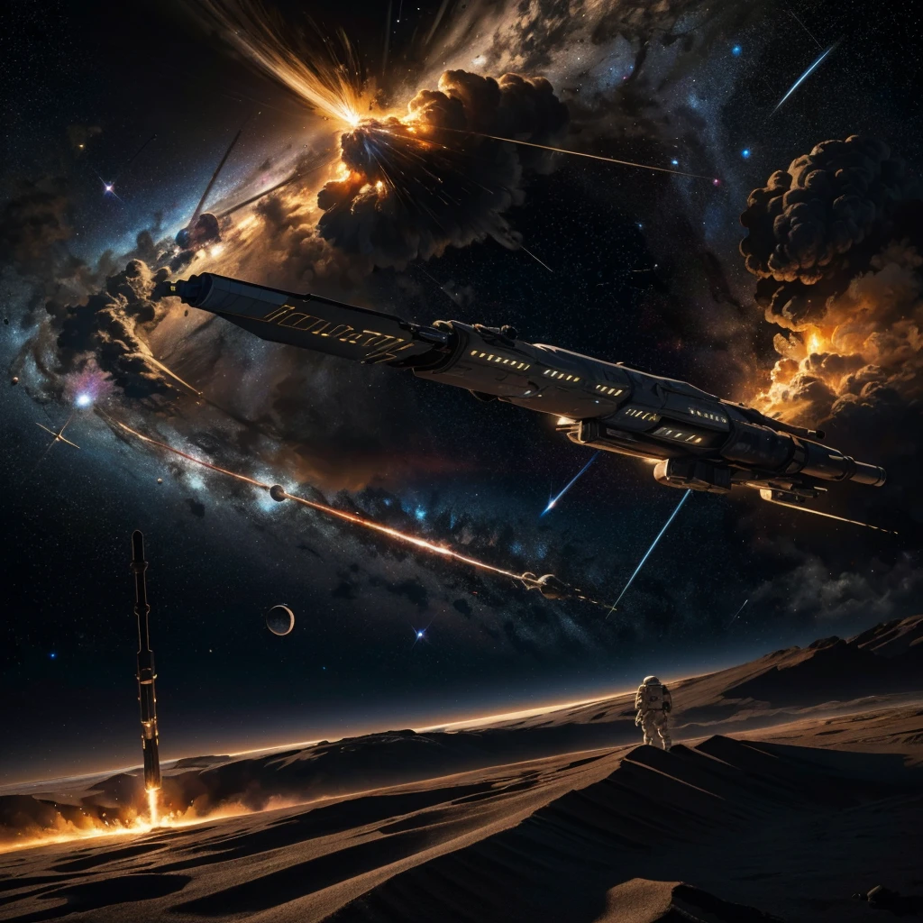 ((Space War,Interstellar War,Starfleet,flagship,Distant Battle,light,explosion)),
masterpiece,Highest quality,8K,High resolution,Raw photo,
sf,future,dream-like,Photorealistic,Actual photo,Black and blue,
Award-winning,Browsing Caution,
