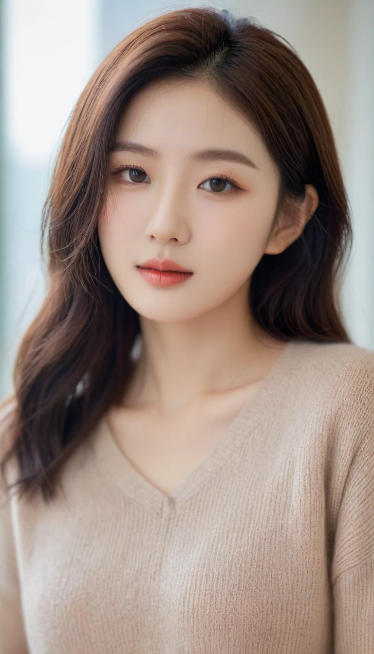 Close up of beautiful Korean woman, Chest size 34 inches, Wearing a rolled-up sleeve sweater, bokeh background,uhd