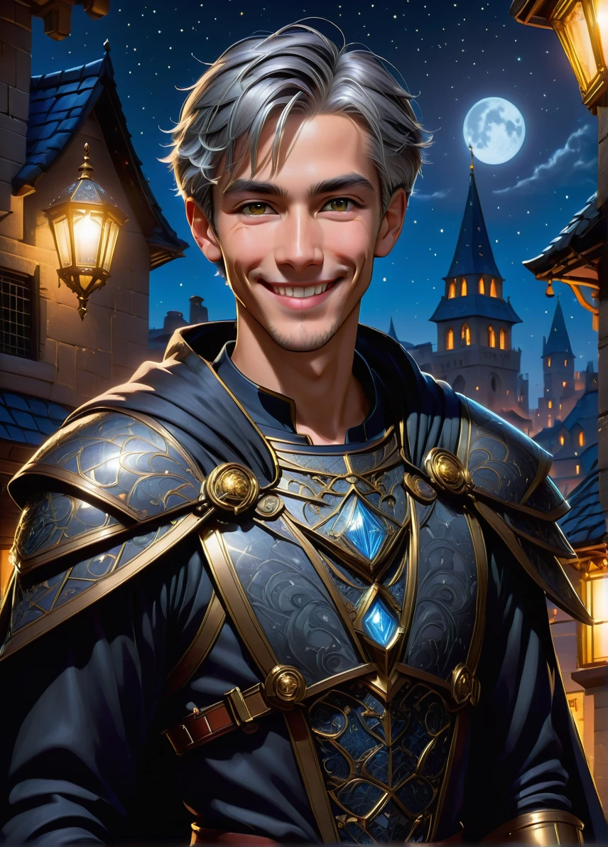 thief , young slim male, gray hair, (skinny:1.1), (smiling:1.5) cloaking symbols and patterns, stealthy, night roofs with stary sky , (holding an picklock:1.5), full shot, ((looking at viewer:1.2), (from side:0.8)), full armor, athletic, volumetric lighting dynamic lighting, real shadows, vibrant contrasting colors, style of Stephen Hickman and Stan Manoukian, ultra realistic, masterpiece, high quality, highres, sharp focus, intricate, sharp details, highly detailed, rich color, 8K,