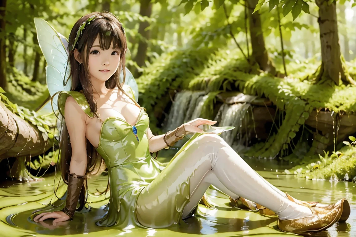 a fairy sitting neaby the lake of stinky slime, beautiful background