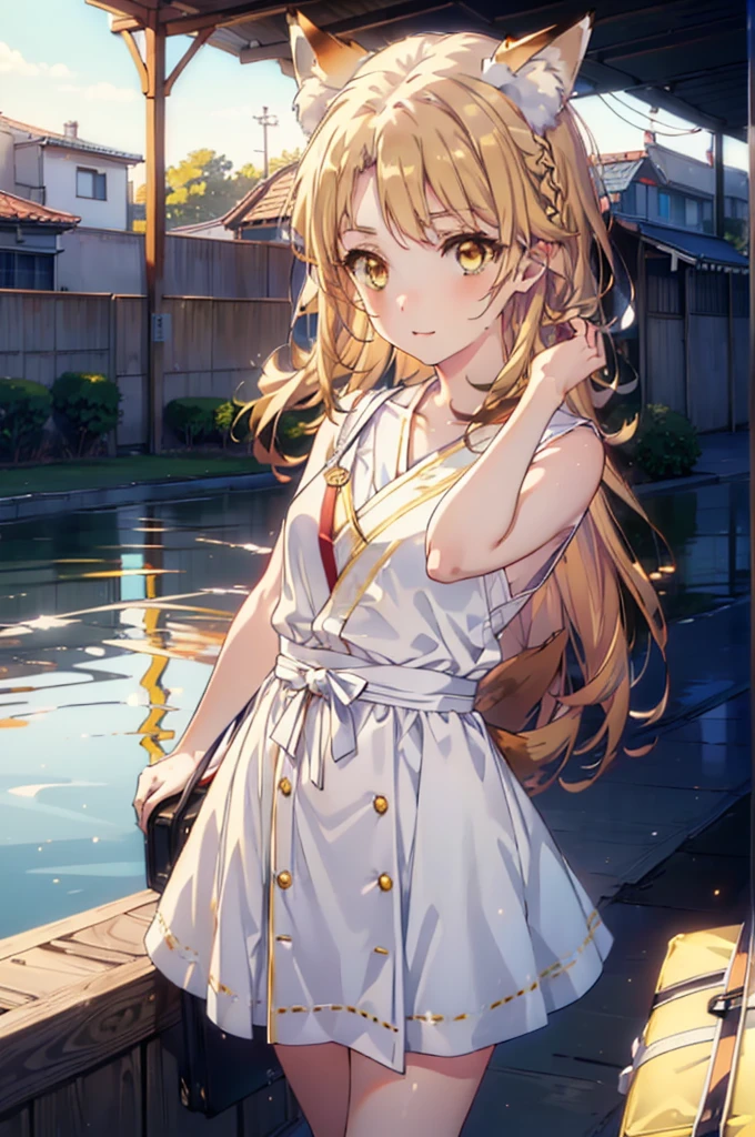 Irohaisshiki, isshiki iroha,Long Hair, Brown Hair, (Brown eyes:1.5), happy smile, smile, Open your mouth,animal(Fox Ears,Fox tail),Yellow sleeveless dress,Yellow long skirt,Cute Sandals,Push-type suitcase,background(Ships at anchor),port,My hair is blowing in the wind,Holding her hair with her right hand,whole bodyがイラストに入るように,Are standing,morning,morning陽,The sun is rising,
break outdoors, port,Ocean,
break looking at viewer,whole body,
break (masterpiece:1.2), Highest quality, High resolution, unity 8k wallpaper, (shape:0.8), (Beautiful and beautiful eyes:1.6), Highly detailed face, Perfect lighting, Highly detailed CG, (Perfect hands, Perfect Anatomy),