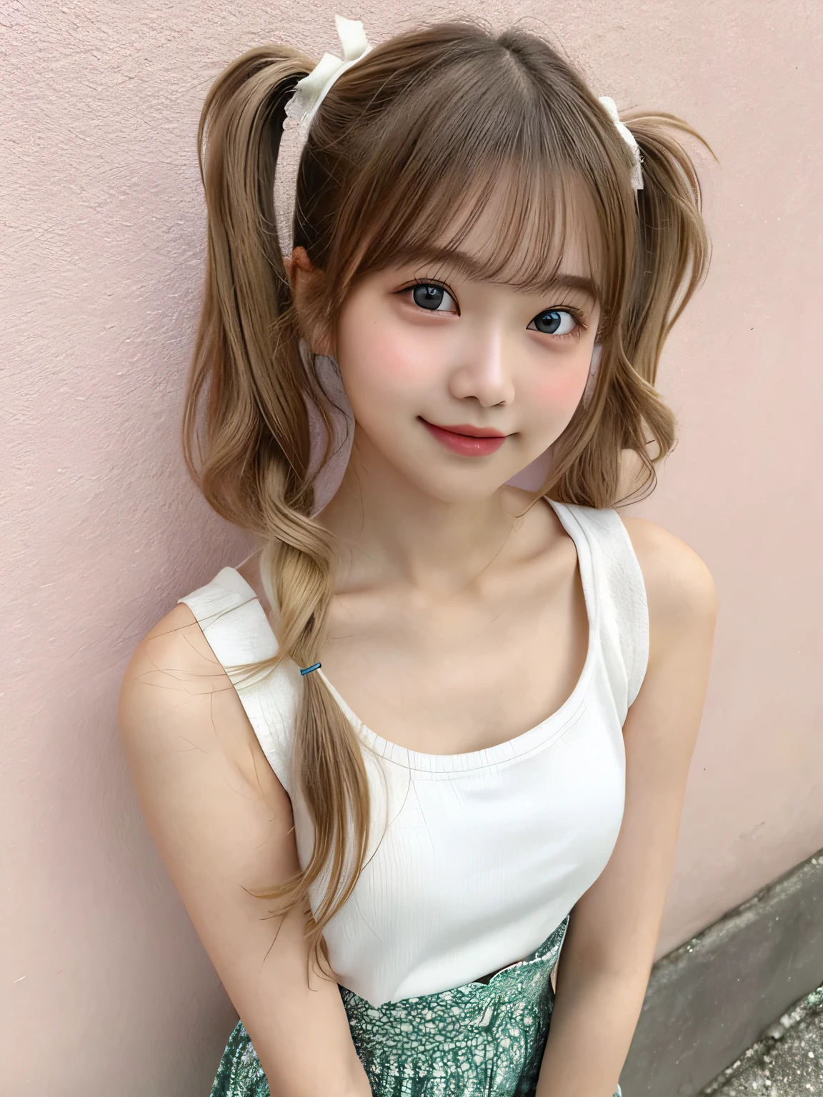 One person、11 years old、Full body photo,slender、woman、White drool coming out of the mouth、smile、、Blonde、Twin tails、 Fair skin, messy hair, super cute、Soft and Face、8K resolution、Surreal、Ultra high definition、 A-cup small breasts((Highest resolution、8K、masterpiece:1.3))、Ultra-fine face、Ultra Fine Lips、Beautiful Eyes、double eyelid,Pink wall、A sleeveless, collared green polo shirt、White Skirt、Thighs、thin,Thighsが見える、Shapely small breasts、sexy、So cute!