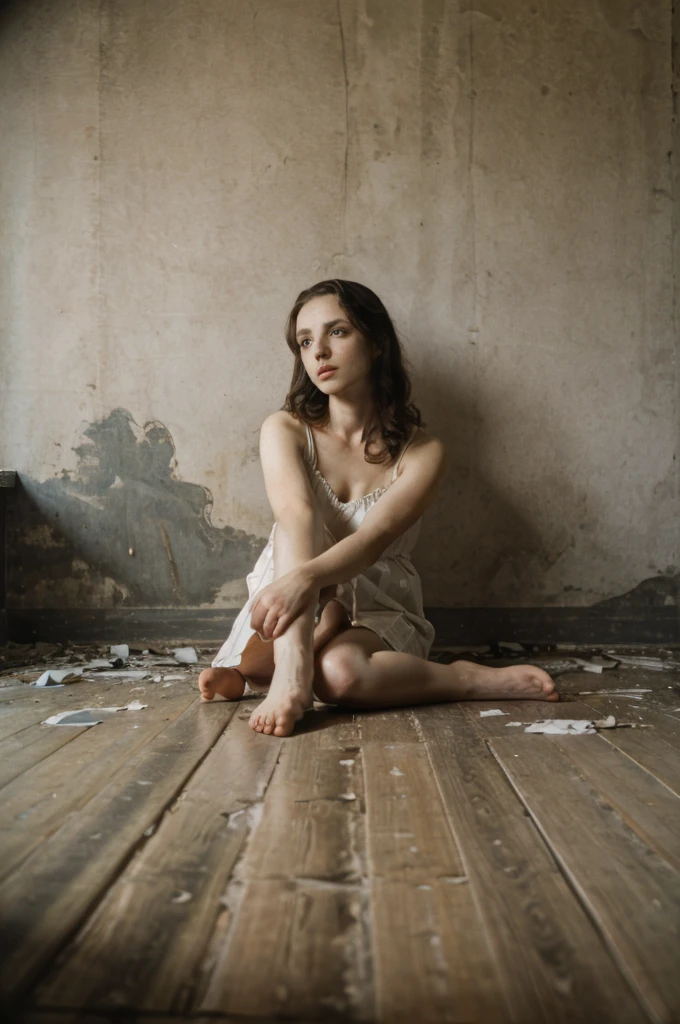 Oil painting by Nick Alm, a beautiful young woman, full body, is standing ((woman looks at camera)) standing, long white dress, transparent silk, full body, ((bare feet)), ((chess floor, black and white tiles))bright scene, bright,  bright room and decaying, peeling wall, peeling paint, checkerboard floor, old worn sofa, old photography, delicate skin, beautiful detailed eyes, beautiful detailed lips, extremely detailed face, long eyelashes, slender figure, warm lighting, jenror2023, 1 girl, 8k, uhd, best quality, artistic trend, photorealistic, masterpiece, RAW image, skin pores, detailed skin, light eyes, hazel eyes, old abandoned house, dark dramatic lighting, \(theme\), 1930s \(Nick Alm style\),