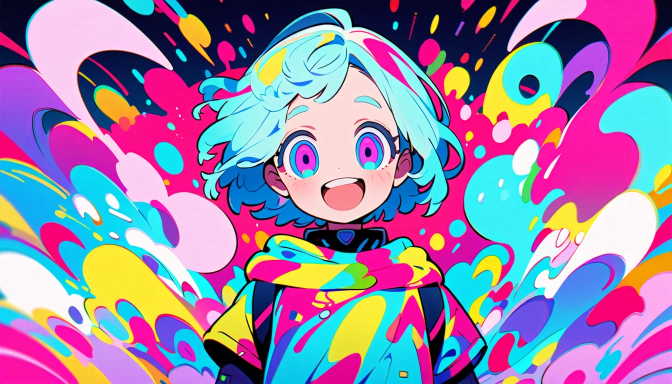 Vibrant art,pop、bright、colorful, 1 female, Light blue hair,　short hair、Happy,cute, Animation Style, cute, clearly, colorful cyberpunk, bubblegum pop, cute、Pink and light blue as main colors、I&#39;Cheer loudly、　Wearing headphones、tropical,　summer、　Cool atmosphere、