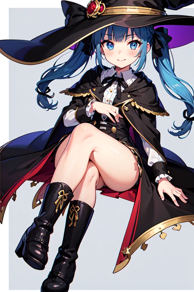 One Girl, roxy migurdia, blue eyes, Blue Hair, Twin Blade, Twin tails, Braided Ponytail, Knee Boots, Good transparency, witch, Black socks, ヘアribbon, ribbon, View your viewers, smile, Mouth closed, sun,, (masterpiece:1.2), High resolution, Highest quality, 8K, Whole body 1 girl, white dress, neck ribbon, black ribbon, black skirt, brown cape, brown dress, neck ribbon, black ribbon, witch hat, black hat, white shirt, collared shirt, Blurred_background