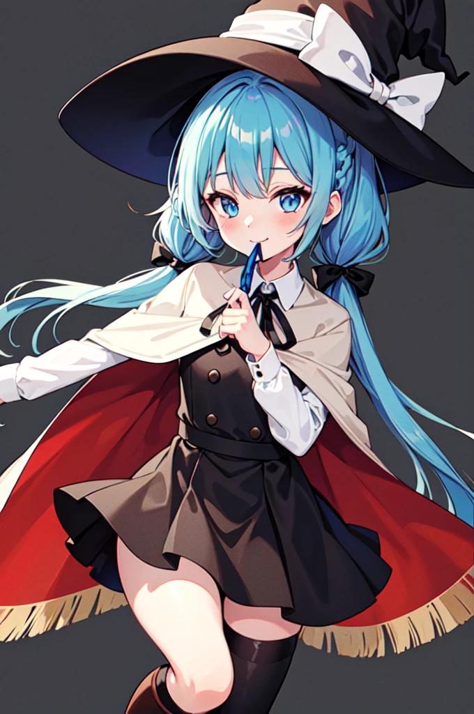 One Girl, roxy migurdia, blue eyes, Blue Hair, Twin Blade, Twin tails, Braided Ponytail, Knee Boots, Good transparency, witch, Black socks, ヘアribbon, ribbon, View your viewers, smile, Mouth closed, sun,, (masterpiece:1.2), High resolution, Highest quality, 8K, Whole body 1 girl, white dress, neck ribbon, black ribbon, black skirt, brown cape, brown dress, neck ribbon, black ribbon, witch hat, black hat, white shirt, collared shirt, Blurred_background