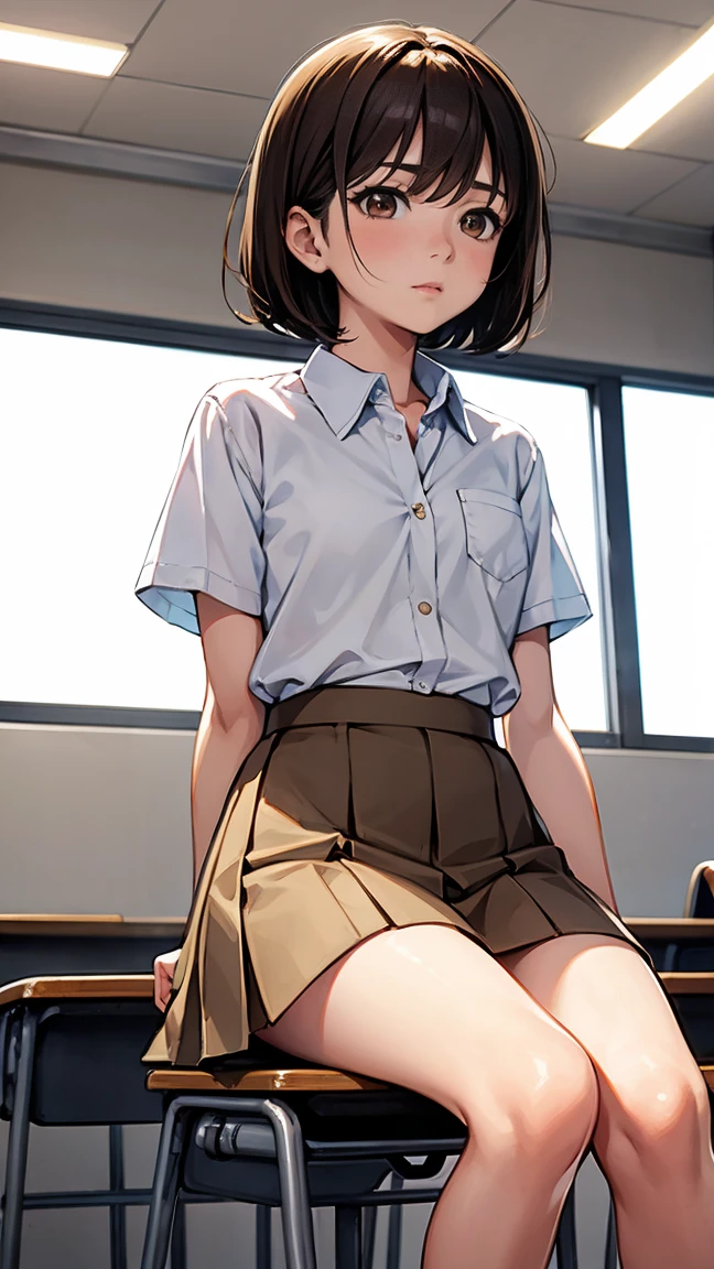 (1 woman), short bob, 18 years old, Japanese, brown eyes, brown hair, slim, (flat chest), high school girl, classroom,
girl wearing white shirt, high school girl summer uniform, back view sitting on chair in classroom,
(white blouse: 0.3):(see-through pastel pink bra under blouse: 0.5)